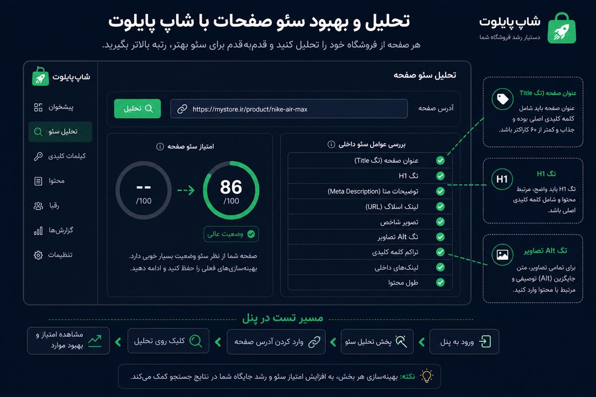 مسیر تست تحلیل سئو در پنل — ورود URL، امتیاز و چک‌لیست