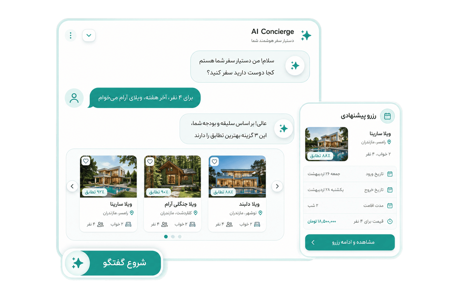 AI Concierge — پیشنهاد ویلا، Match و رزرو پیشنهادی