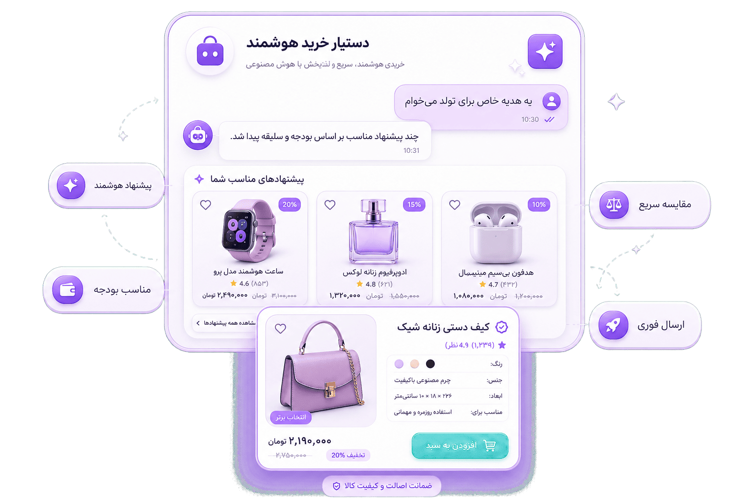 دستیار خرید هوشمند — چت، پیشنهاد محصول و افزودن به سبد