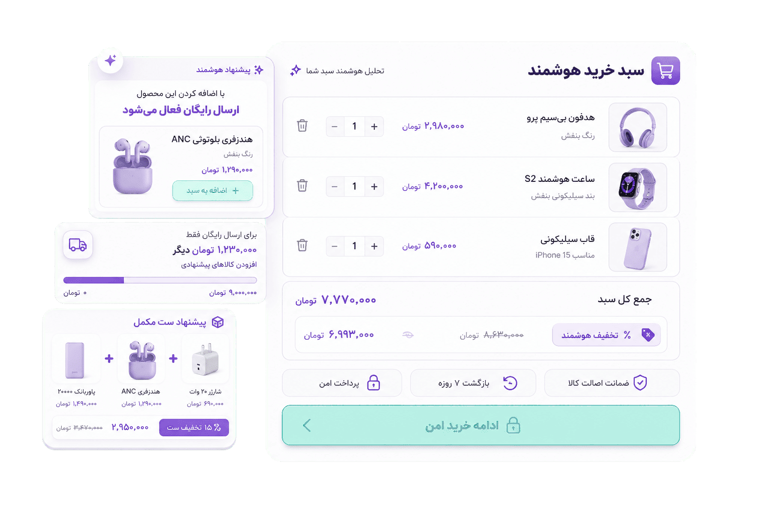 سبد خرید هوشمند — تخفیف، پیشنهاد مکمل و ارسال رایگان