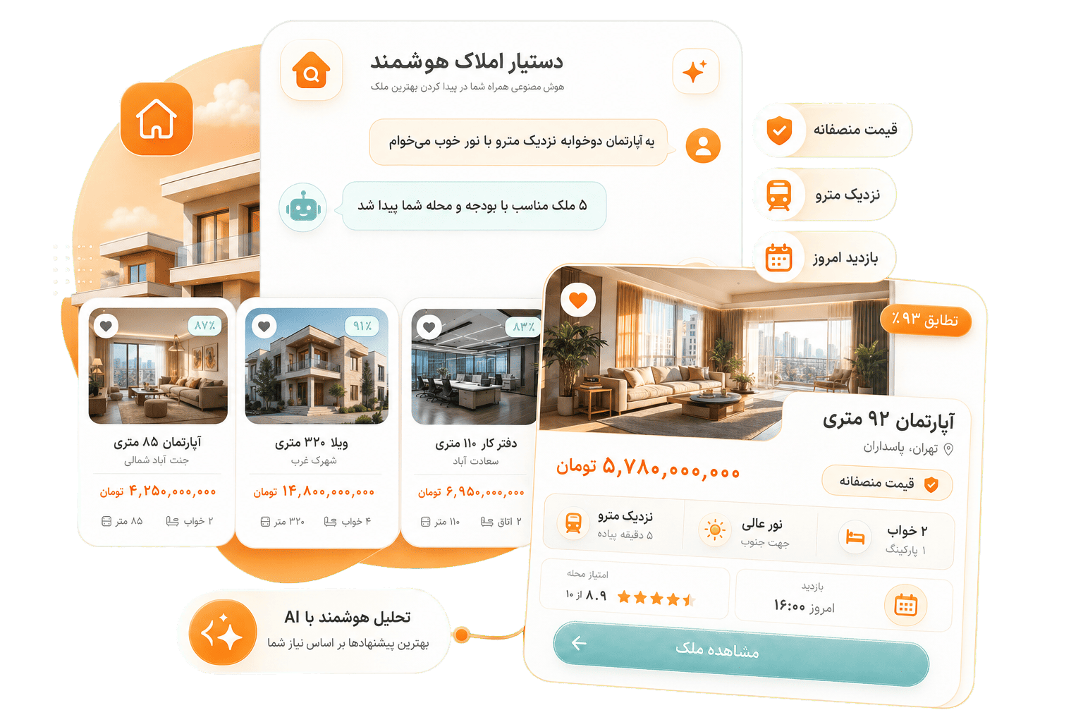 دستیار املاک هوشمند — چت، پیشنهاد ملک و رزرو بازدید